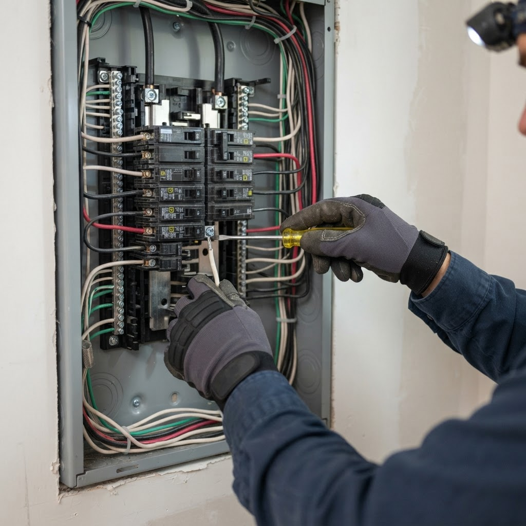 Electrician working on a residential electrical panel