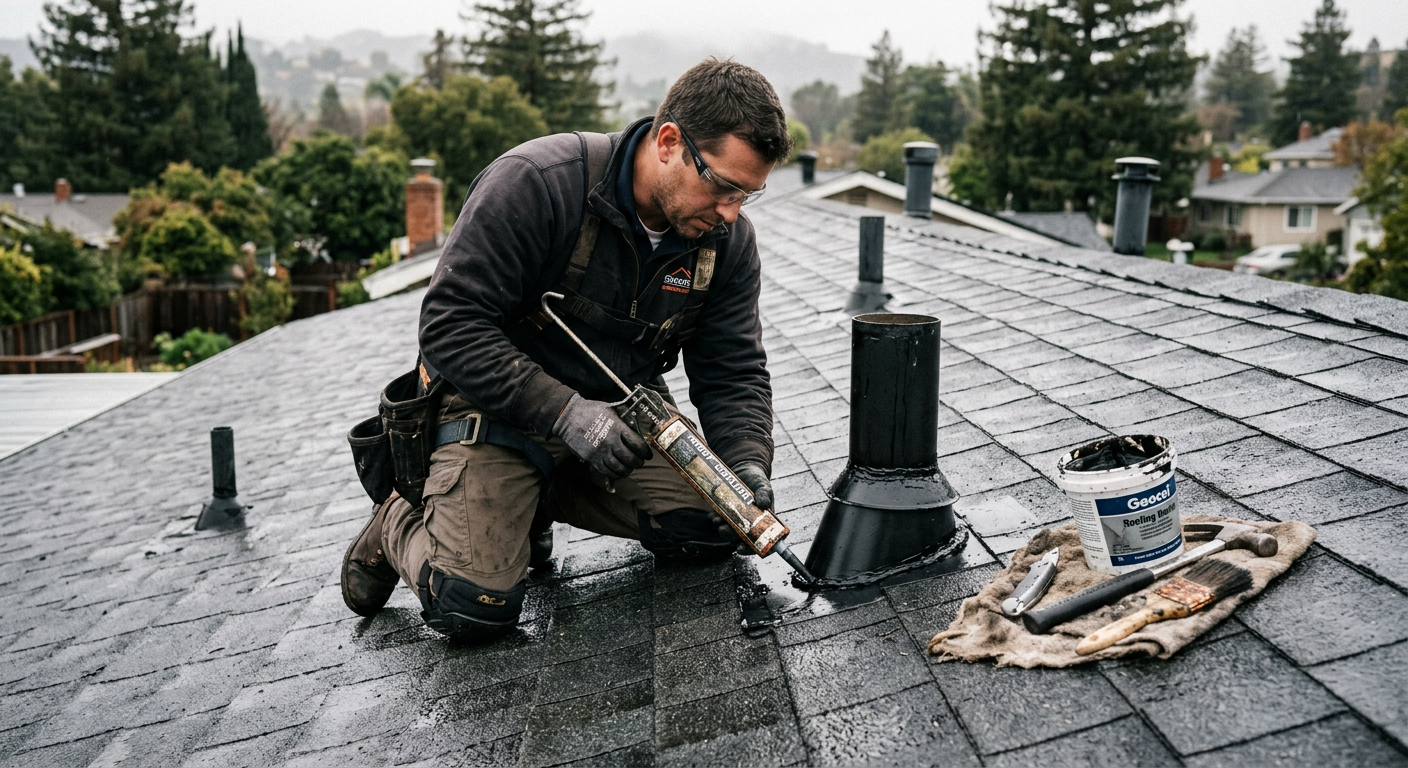 Roofer sealing pipe flashing on a wet shingle roof to repair a leak