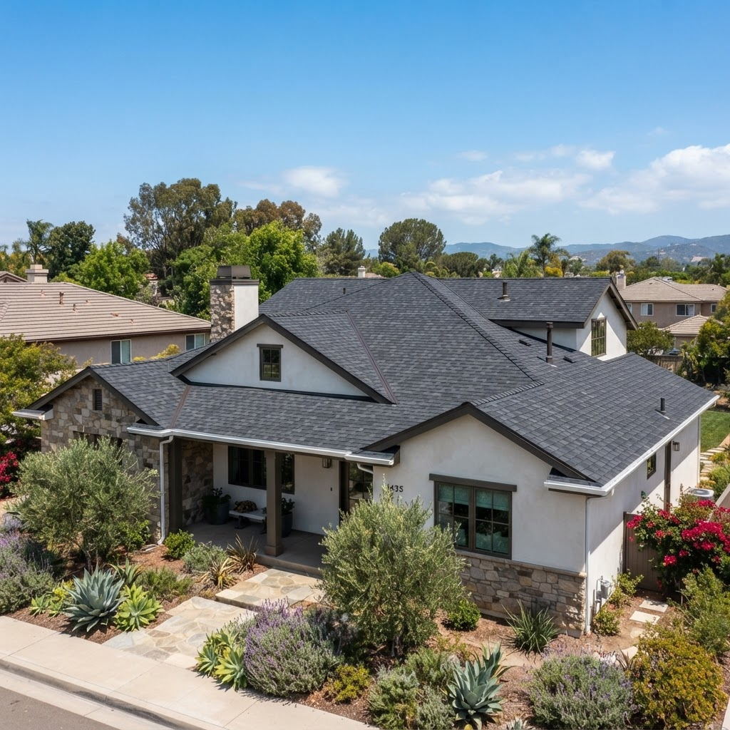 Roofing crew installing shingles on a California home